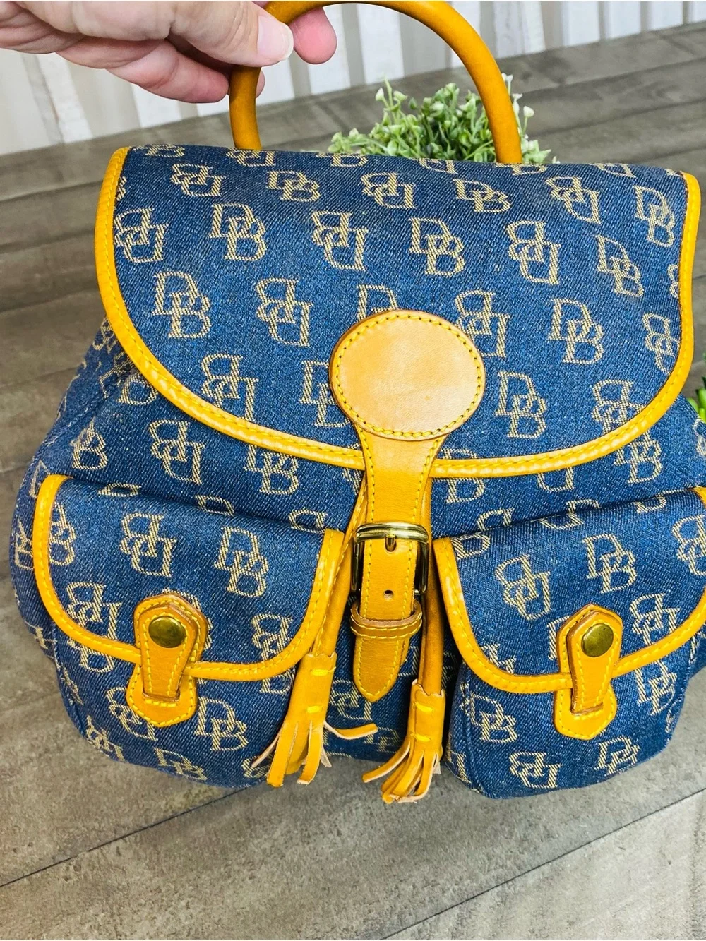 Vintage Dooney & Bourke Denim Monogram Backpack Purse DB Canvas Tan Leather Trim